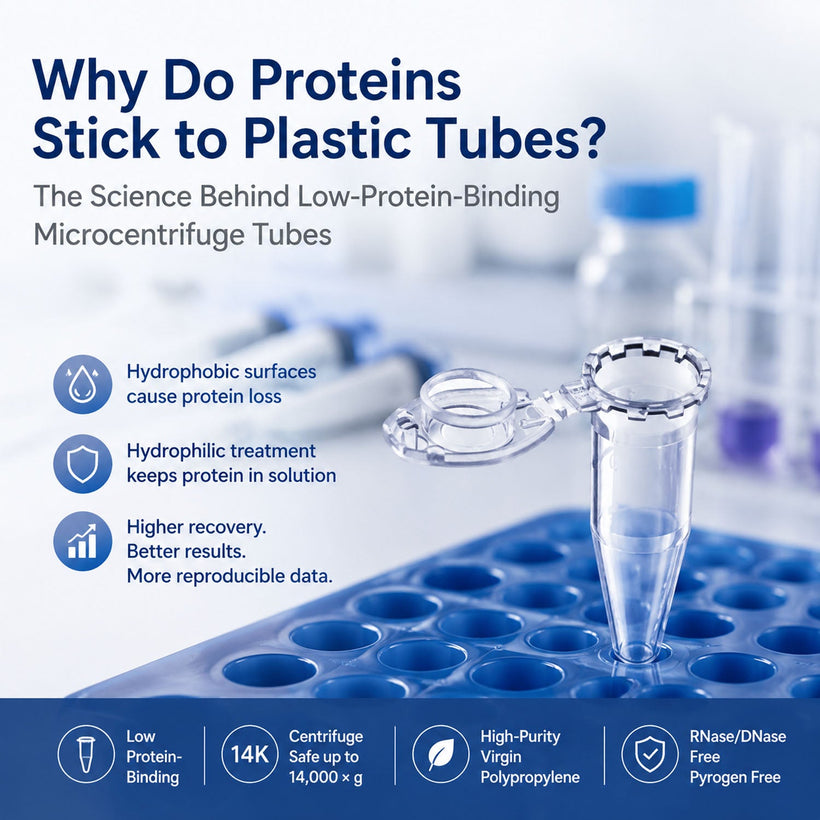 Low protein-binding microcentrifuge tube showing how hydrophilic surface treatment reduces protein adsorption
