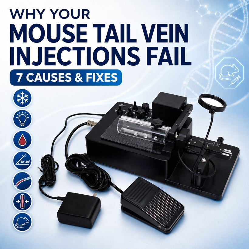 Mouse tail vein injection apparatus showing LED vein illumination system for improving tail vein injection success in laboratory mice