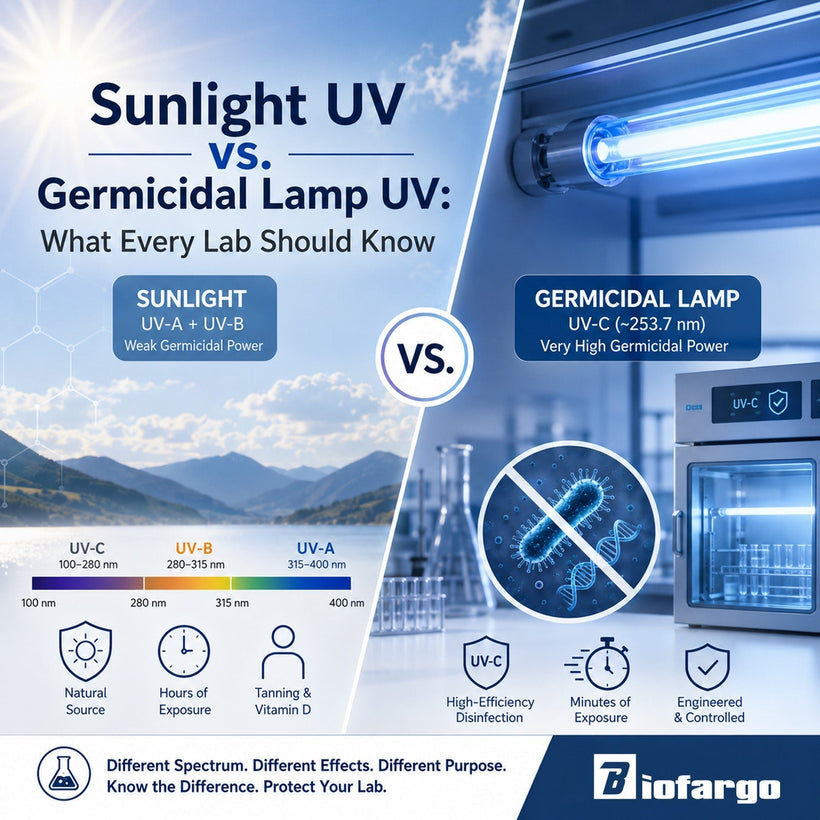 Comparison infographic of sunlight UV vs germicidal lamp UV-C for laboratory sterilization and disinfection.