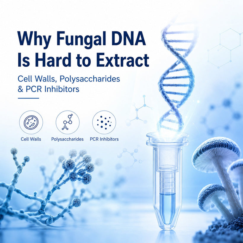 Why fungal DNA is difficult to extract due to fungal cell walls, polysaccharides and PCR inhibitors.
