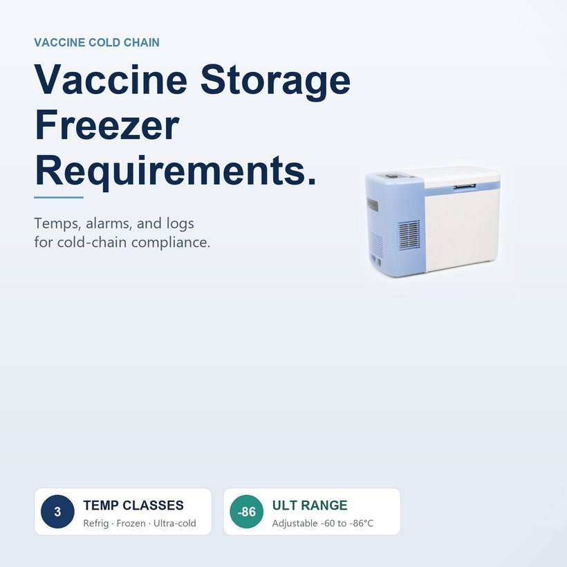 Portable ultra-low temperature vaccine storage freezer beside -86°C ULT range and three temperature class icons.