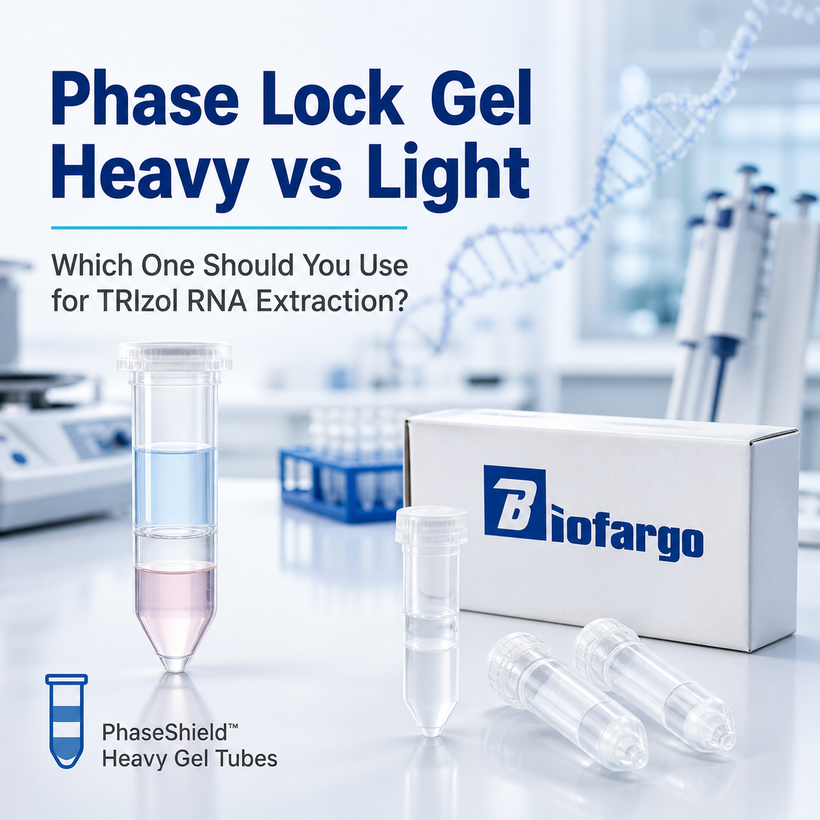 PhaseShield Heavy Gel Tubes and Biofargo product box beside a phase-separation tube, illustrating Heavy versus Light gel selection for TRIzol RNA extraction.