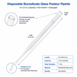 Disposable Glass Pasteur Pipette Dimensions 9 Inch 2 mL Capacity with 7 mm Outer Diameter