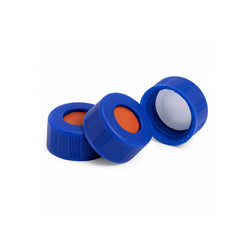 9 mm screw top caps for 9-425 GC vials blue PP cap with PTFE red silicone septa laboratory chromatography vial caps white background