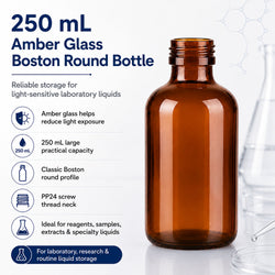 250 mL Amber Glass Boston Round Reagent Bottle with PP24 Screw Thread