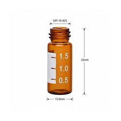 Dimension diagram of 2 mL amber glass HPLC autosampler vial showing 12mm diameter and 32mm height specifications for standard GPI 10-425 neck.