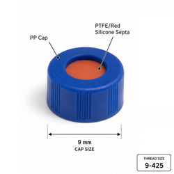 9 mm screw top cap 9-425 GC vial cap dimension diagram PTFE red silicone septa threaded laboratory screw cap size 9 mm compatibility 9-425
