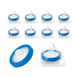 Round cellulose acetate membrane syringe filter with blue housing and Luer connector