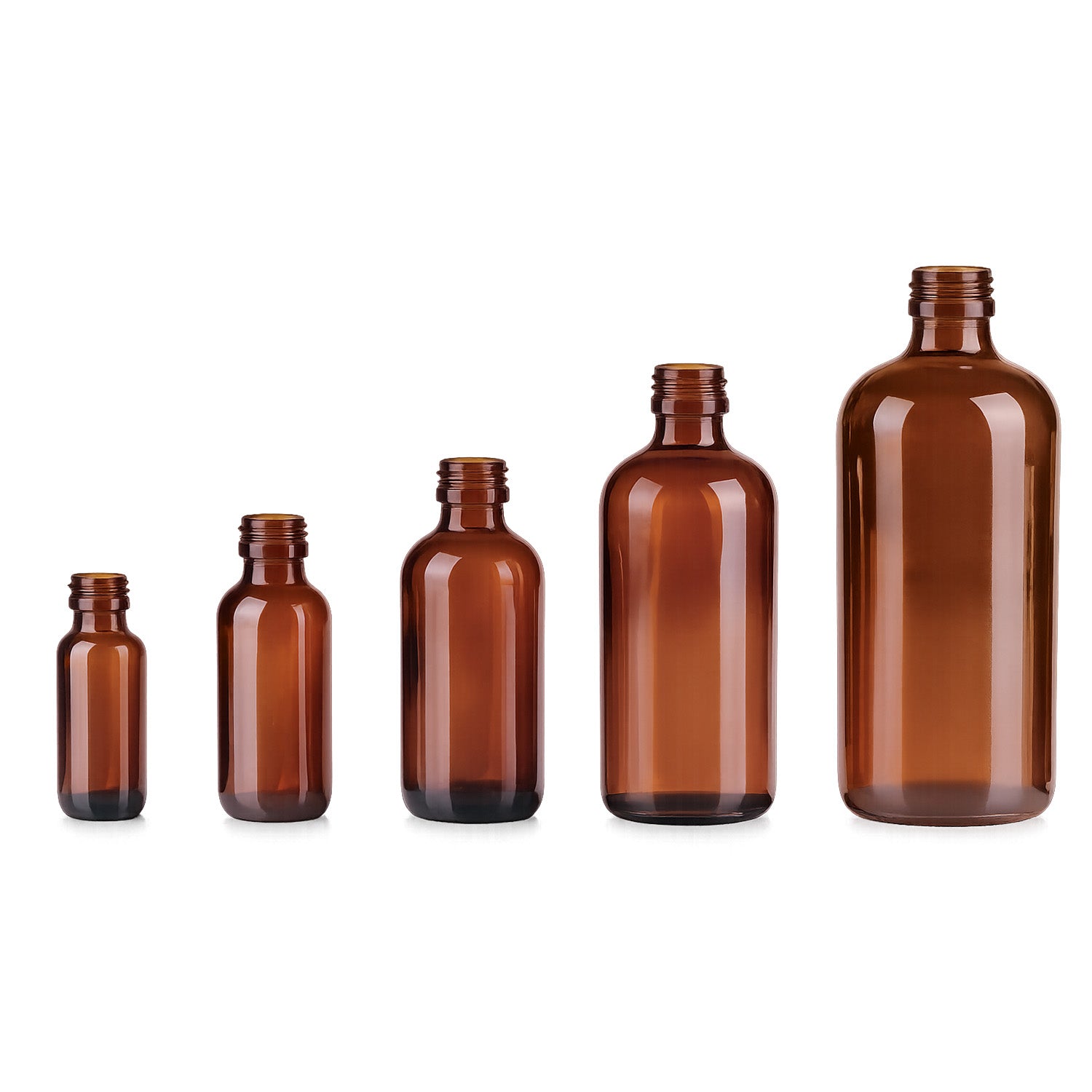 15–250 mL Amber Glass Boston Round Syrup Bottles with PP18, PP20, PP22 and PP24 Screw Thread Finishes