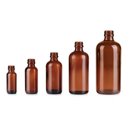 15–250 mL Amber Glass Boston Round Syrup Bottles with PP18, PP20, PP22 and PP24 Screw Thread Finishes