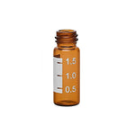 2 mL amber glass HPLC autosampler vial with white graduated marking spot and 12x32 mm screw thread finish, isolated on white background.