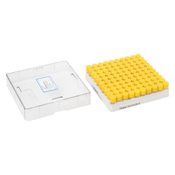 Pre-filled 0.5 mL Cryo Tubes, Triple-Code, Yellow Flat Cap, Clear Self-standing Tube, 10×10 Cryobox, 100/Box, Sterile