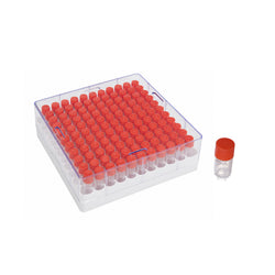 Pre-filled 0.5 mL Cryo Tubes, Triple-Code, Red Flat Cap, Clear Self-standing Tube, 10×10 Cryobox, 100/Box, Sterile