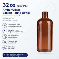 32 oz amber glass boston round bottle features: light protection, 28 mm screw thread neck, 20 bottles per case
