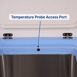 BF-86W25 freezer temperature probe access port, labeled with an arrow