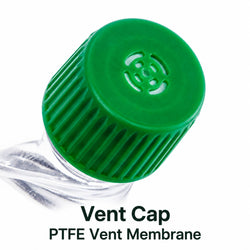 Green PTFE-lined vent cap on Biofargo 125 mL PC Erlenmeyer flask, showing hydrophobic membrane for gas exchange