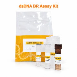 dsDNA BR Assay Kit pouch with reagent bottles and tubes on a black background
