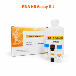 `RNA HS Assay Kit with reagent box, buffer bottle and three assay vials on a white background`
